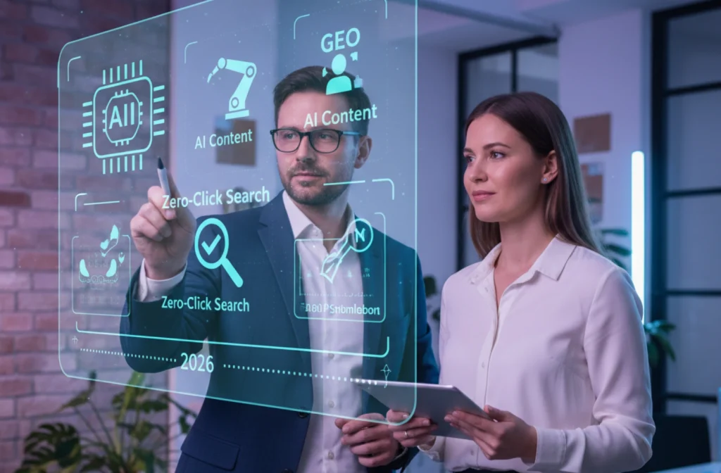 Ett professionellt team på ett modernt kontor som diskuterar digitala marknadsföringstrender 2026 med hjälp av interaktiv AI-teknik och analysverktyg.