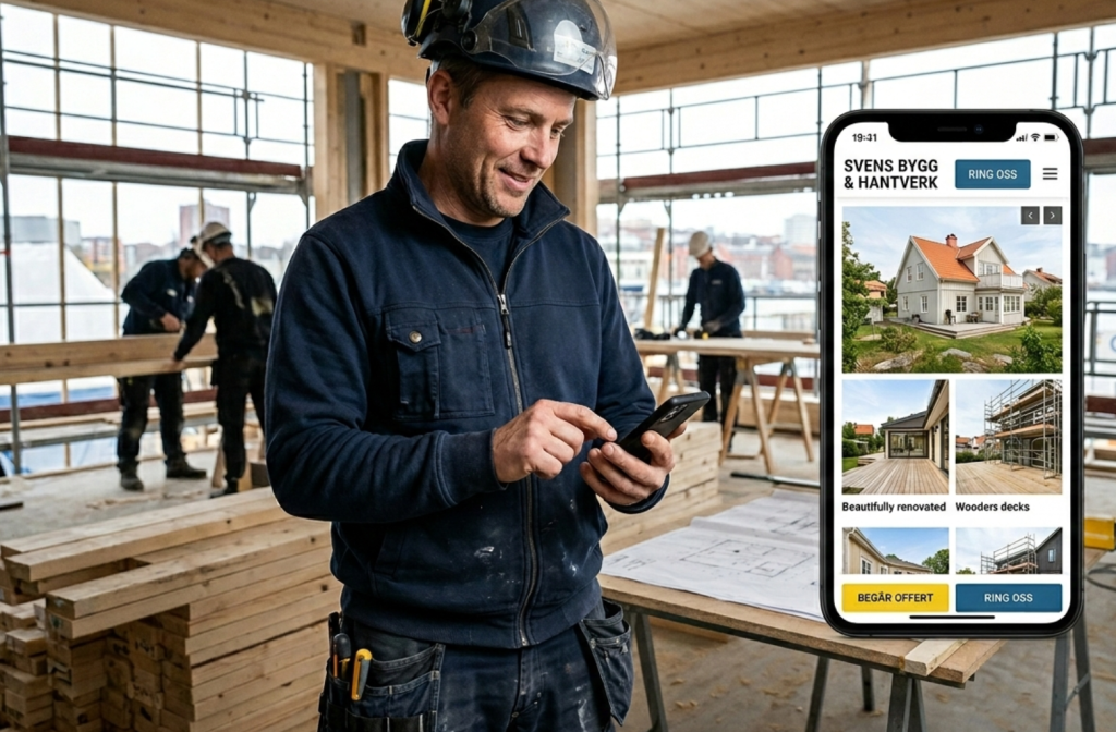Professionell hemsida för hantverkare visas på en mobiltelefon på en byggarbetsplats i Göteborg, optimerad för lokala kundförfrågningar och SEO