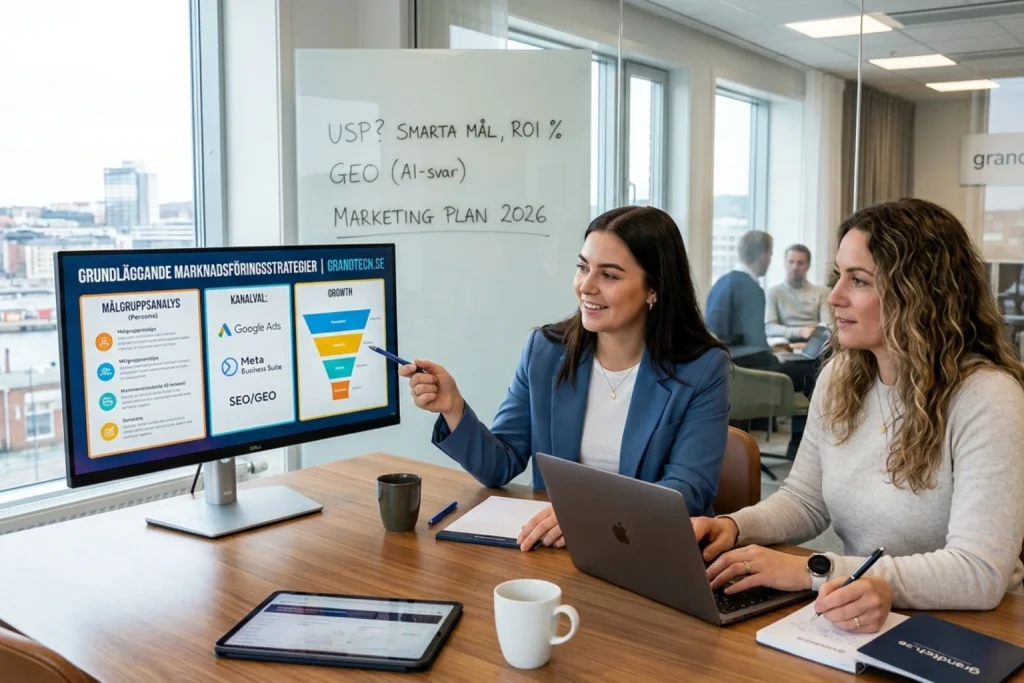 Professionell grafik som visar Grandtechs expertis inom grundläggande digitala marknadsföringsstrategier, Google Ads och Meta Business Suite